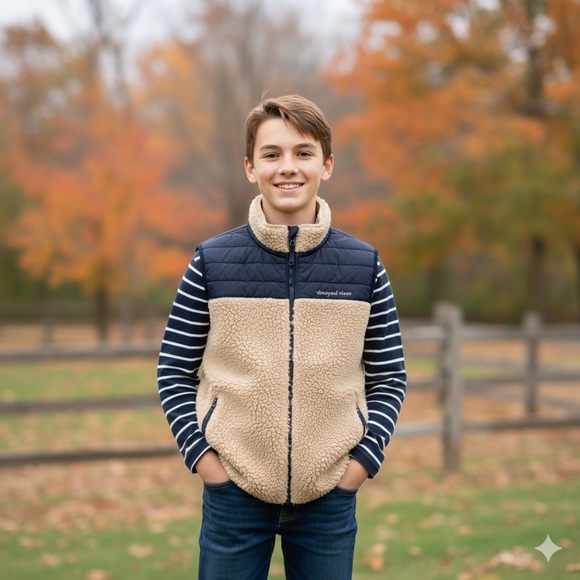 Vineyard Vines Other - Vineyard vines boys Sherpa tan navy blue zip vest Sz XL (18)